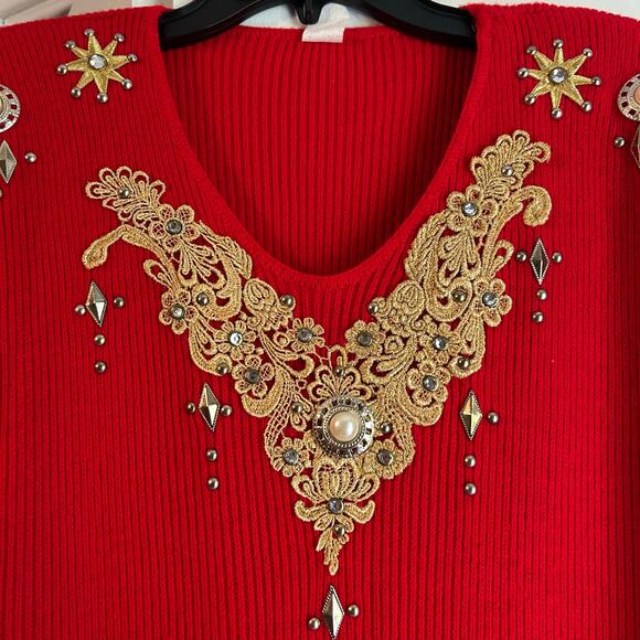 Sweater VTG Red OS Embroidered Jewels Embellished Rib Knit Holiday Casual USA - Picture 3 of 8